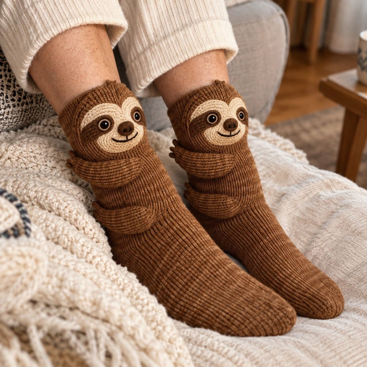 Chaussettes Victoria (paresseux) portées sur un canapé