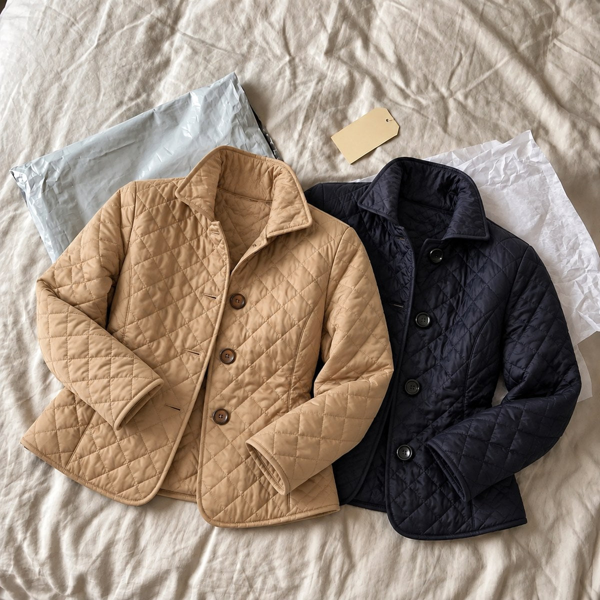 Deux vestes Margot, kaki et bleu marine, posées ensemble