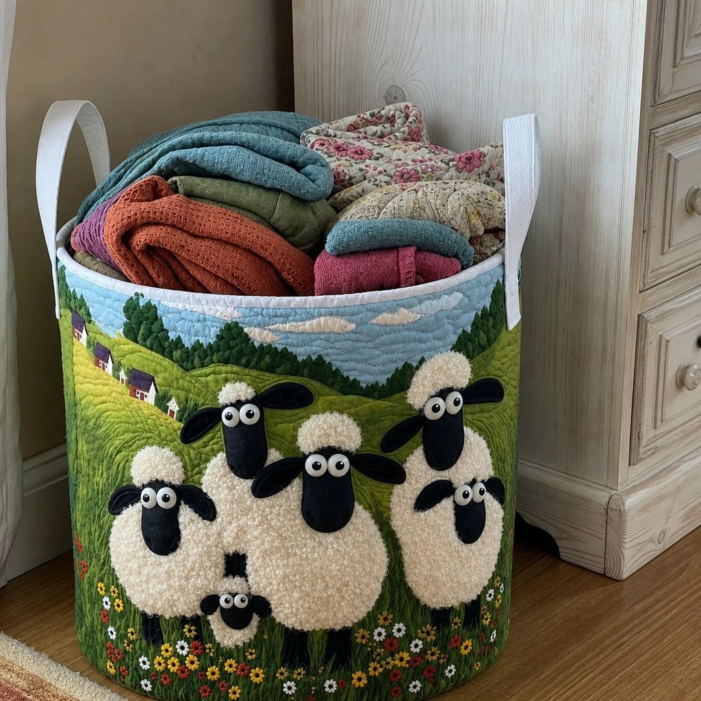 Panier à linge matelassé, motif moutons, livré et rempli de linge