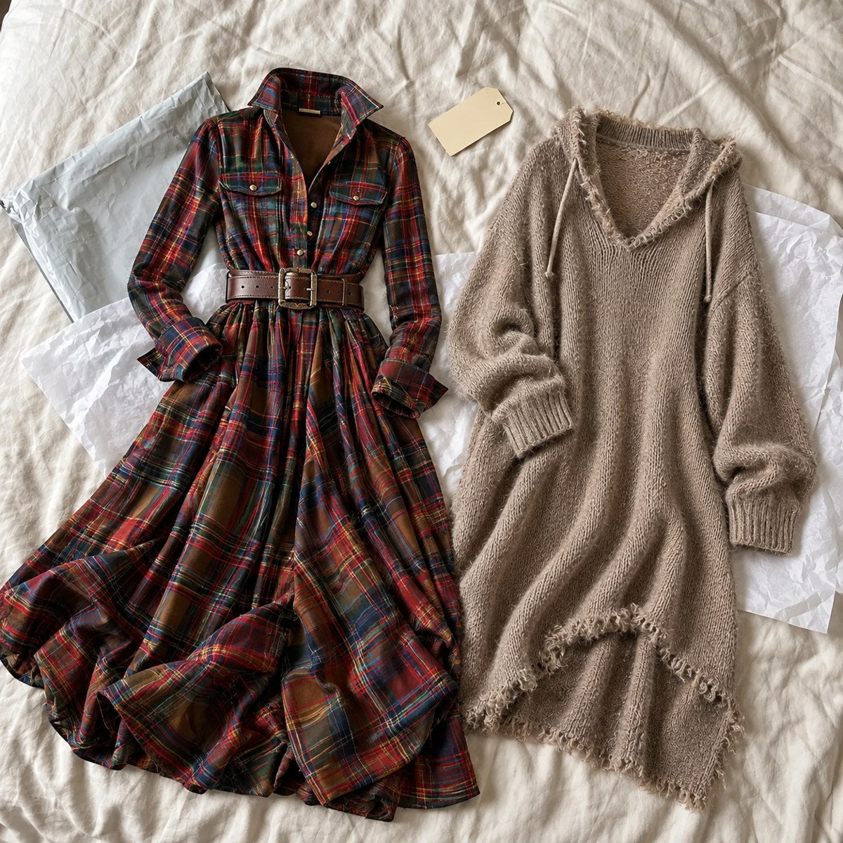 Les deux robes Béatrice et Claire déballées sur un lit