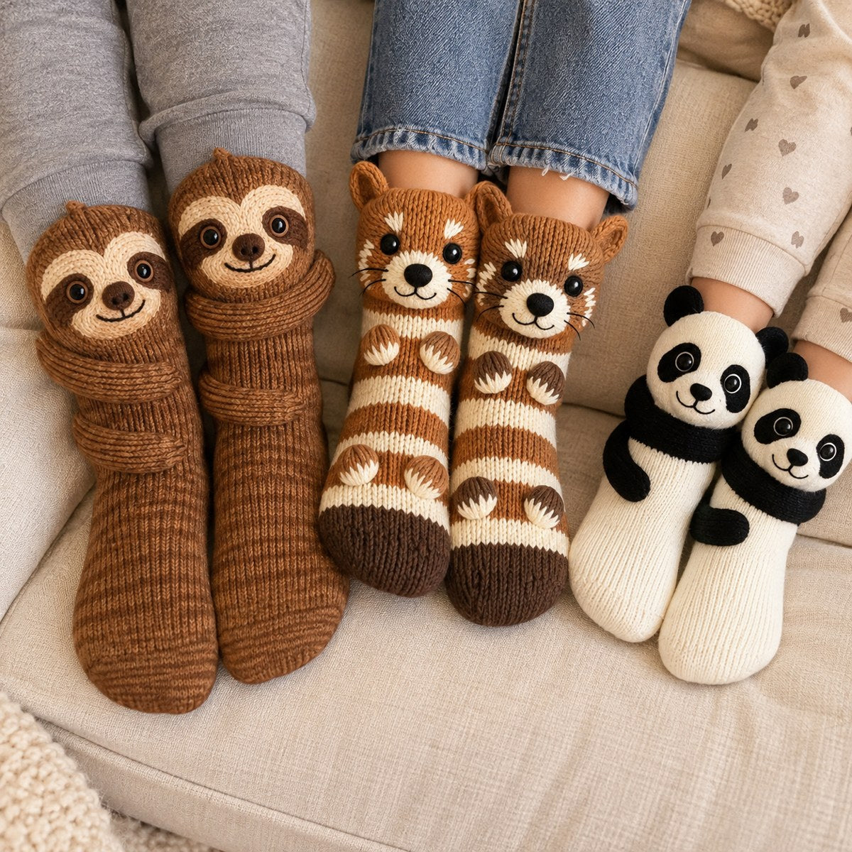 Trois paires de pieds avec des chaussettes d'animaux sur un canapé