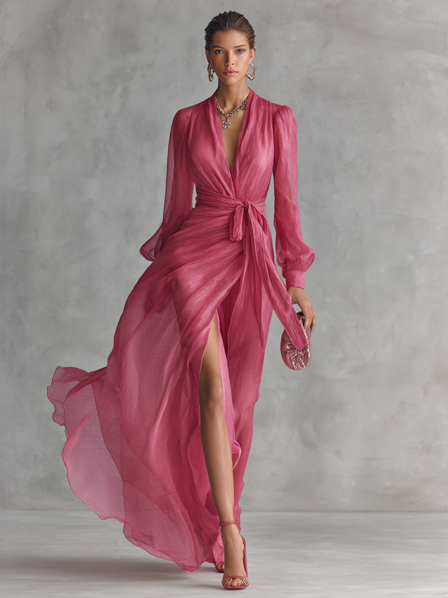 Robe en Chiffon Rose V-Décolleté