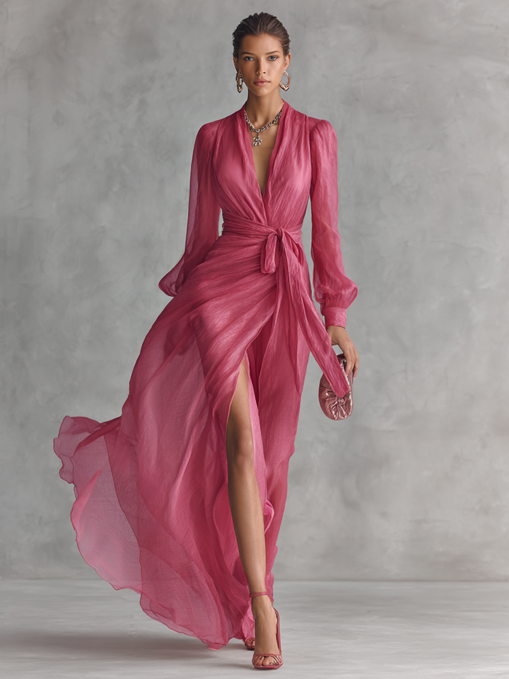 Robe en Chiffon Rose V-Décolleté