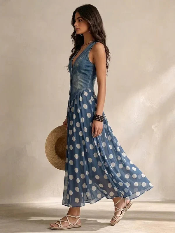 Brenda | Robe en denim élégante avec jupe en chiffon à motif pois
