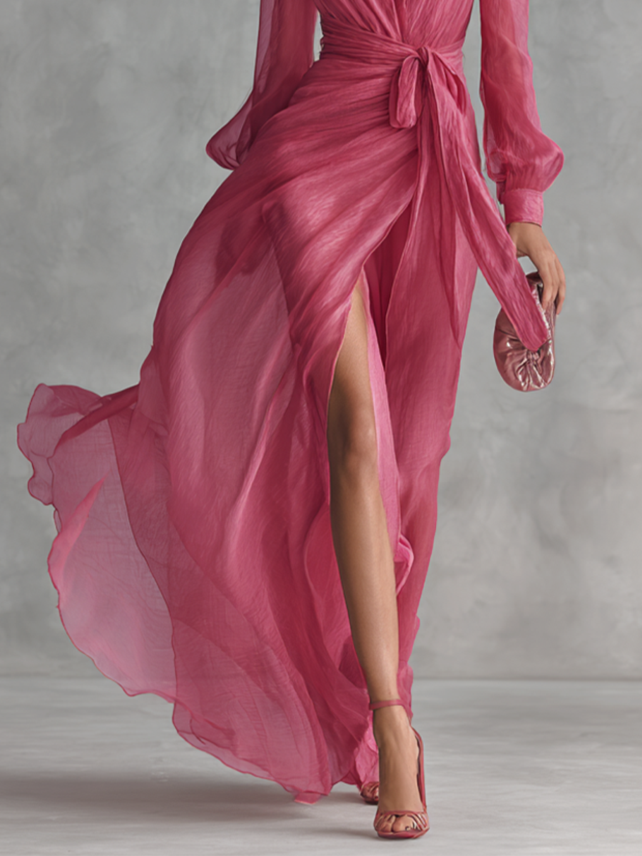 Robe en Chiffon Rose V-Décolleté