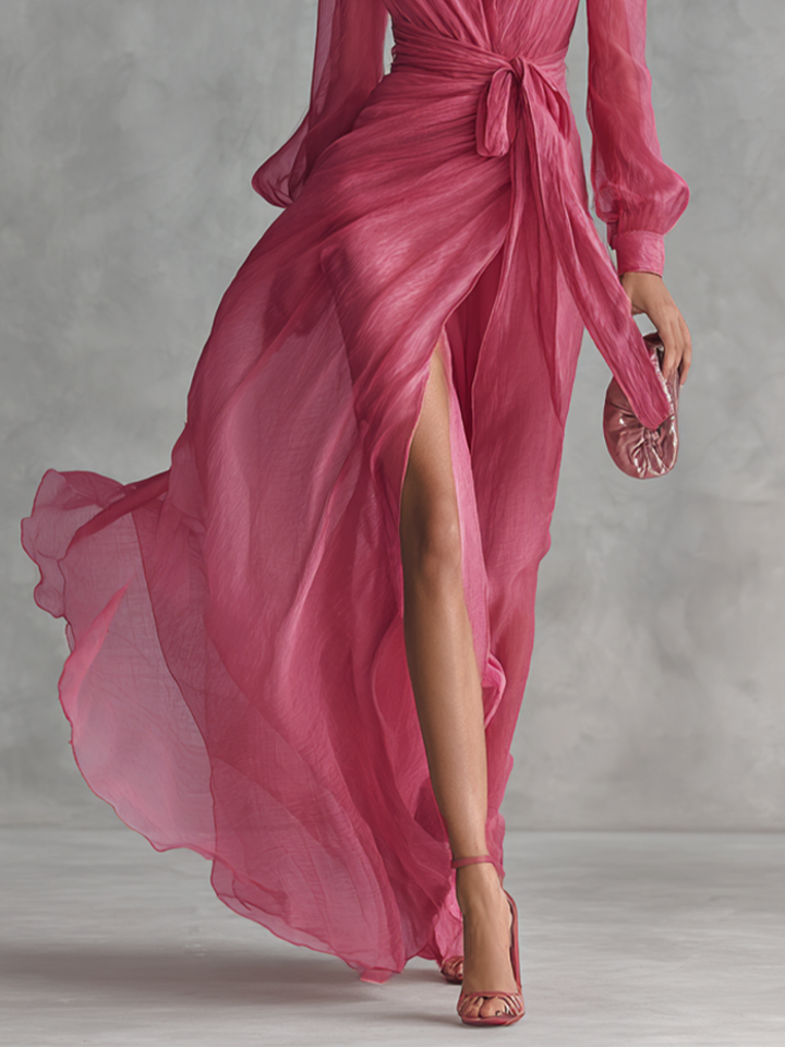 Robe en Chiffon Rose V-Décolleté