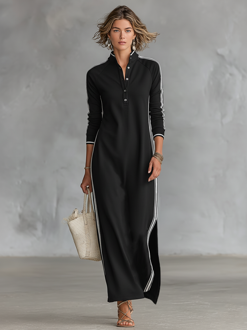 Robe Maxi en Sweat avec Col Boutonné