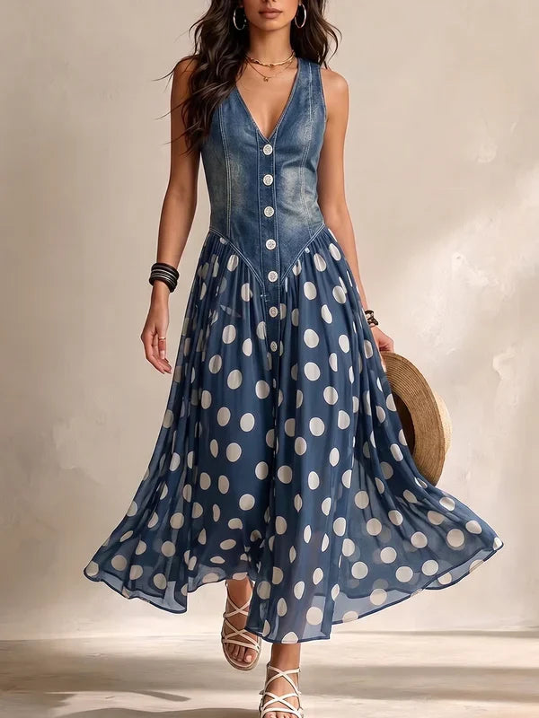 Brenda | Robe en denim élégante avec jupe en chiffon à motif pois