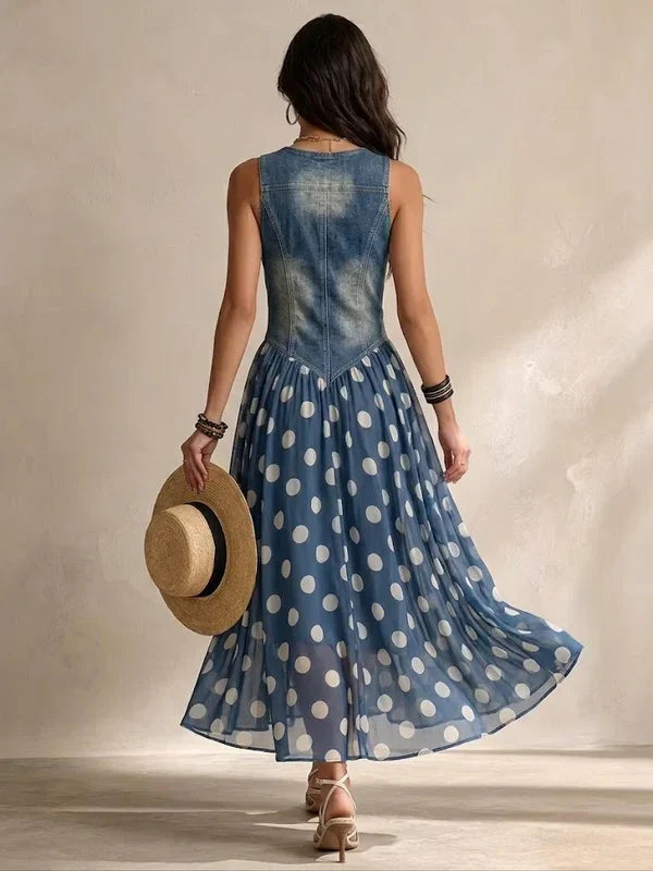 Brenda | Robe en denim élégante avec jupe en chiffon à motif pois