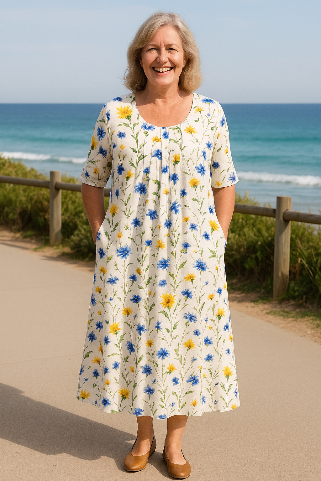 Fiona™ | Robe midi fluide à imprimé élégant et manches courtes
