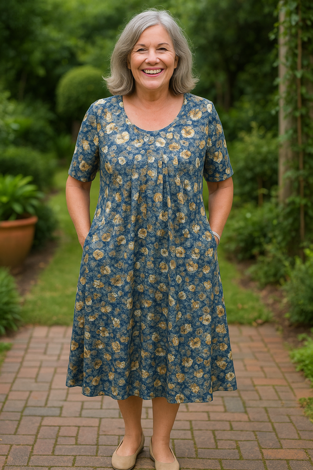 Fiona™ | Robe midi fluide à imprimé élégant et manches courtes