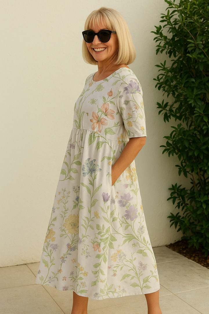 Reese™ | Robe midi fluide à manches ¾ et imprimé botanique