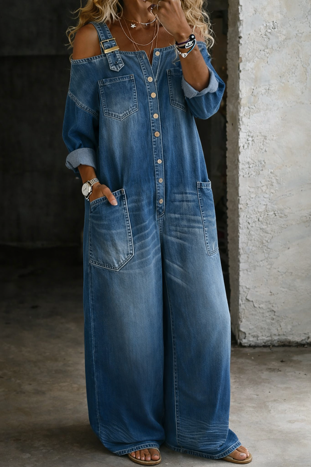 Stephanie™ | Combinaison en jean à épaules dénudées