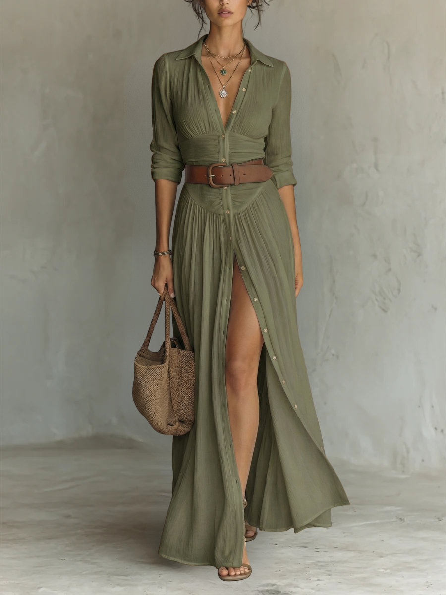 Robe Maxi en Lin à Col Revers à Manches Longues