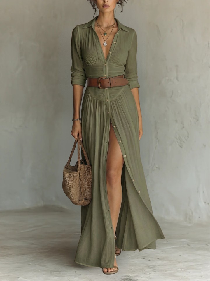 Robe Maxi en Lin à Col Revers à Manches Longues
