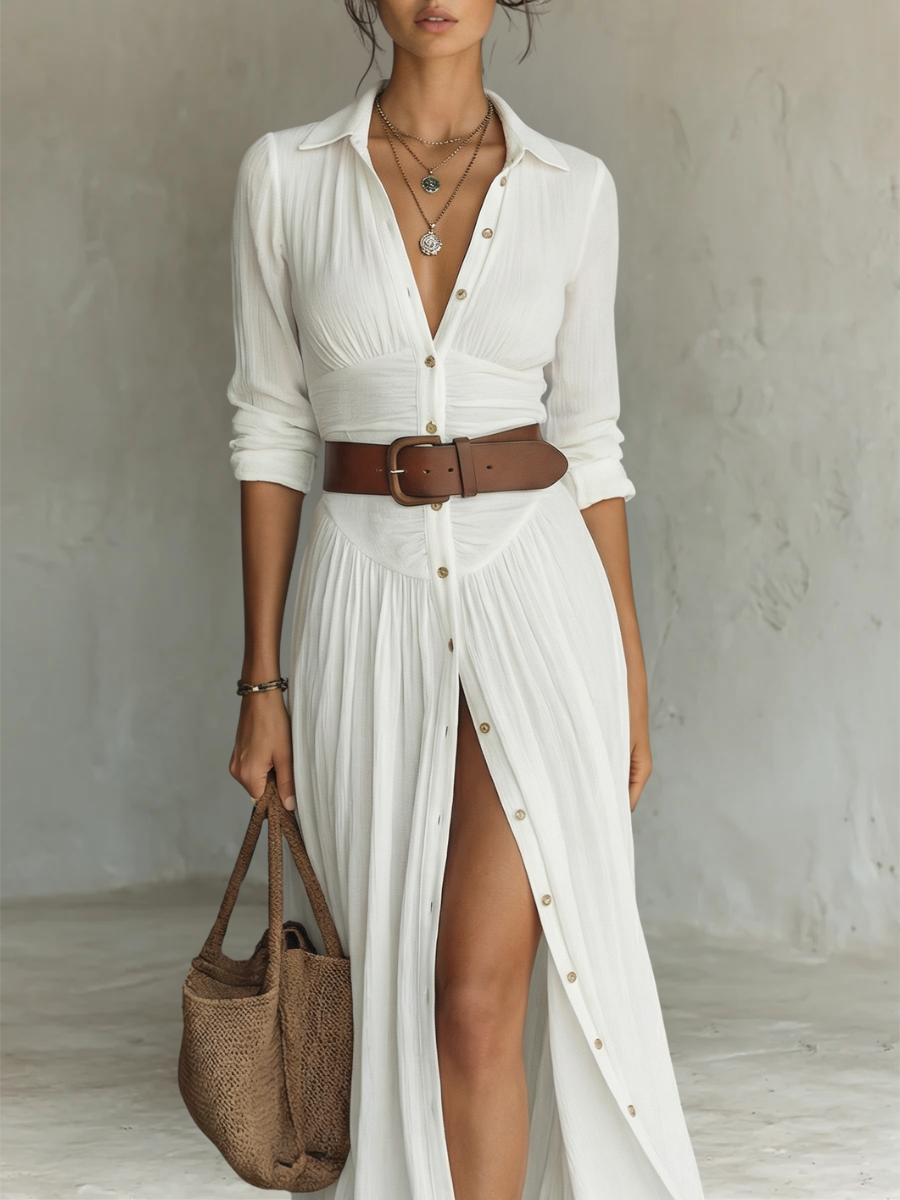 Robe Maxi en Lin à Col Revers à Manches Longues