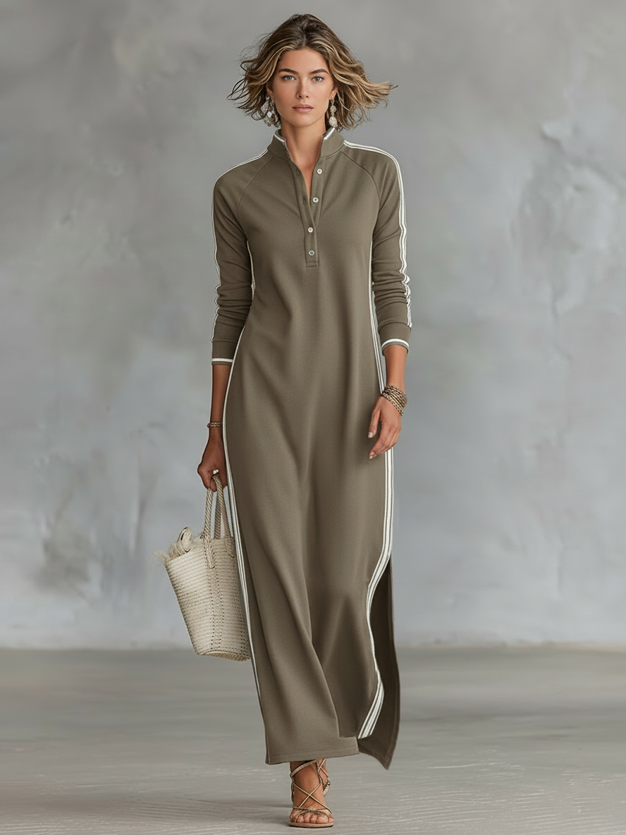 Robe Maxi en Sweat avec Col Boutonné