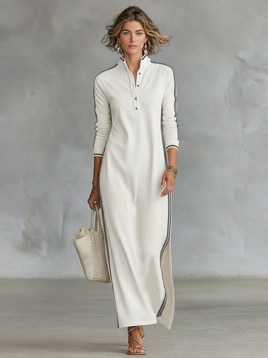 Robe Maxi en Sweat avec Col Boutonné