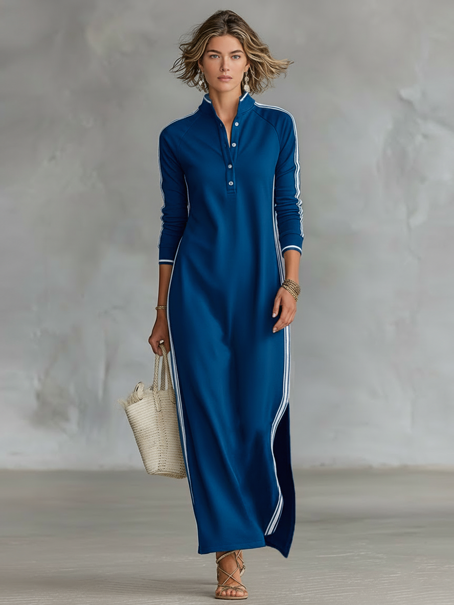 Robe Maxi en Sweat avec Col Boutonné