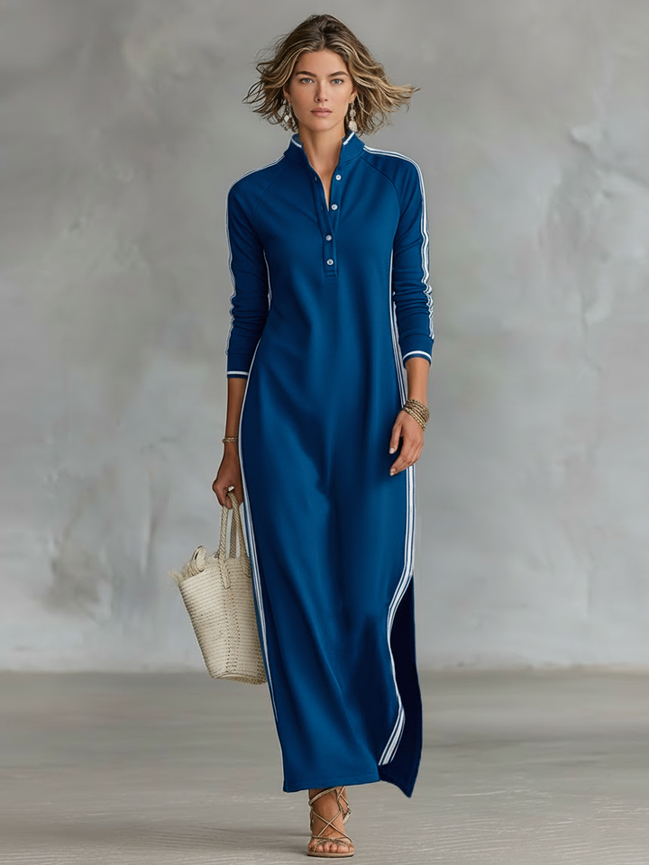 Robe Maxi en Sweat avec Col Boutonné