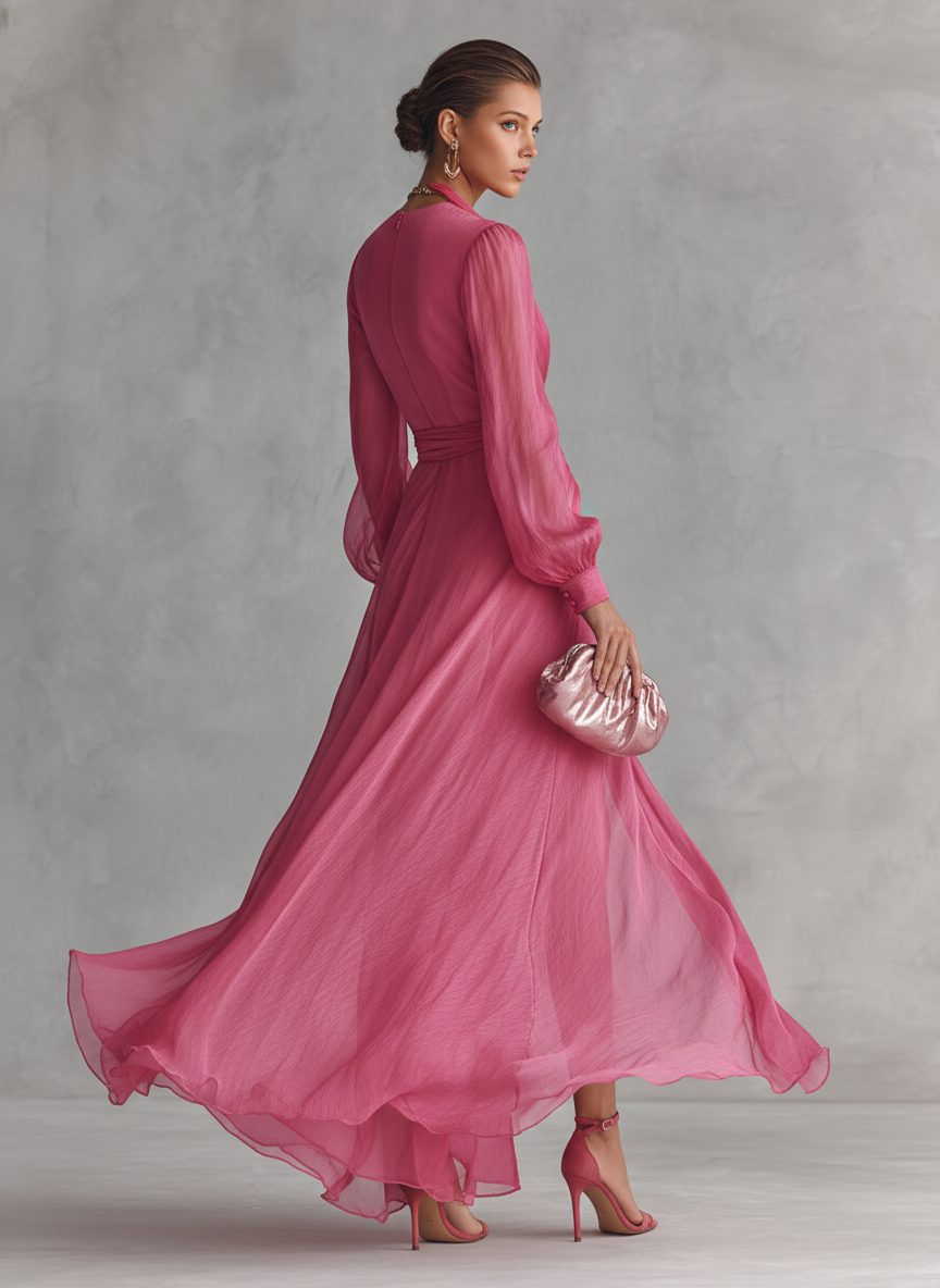 Robe en Chiffon Rose V-Décolleté