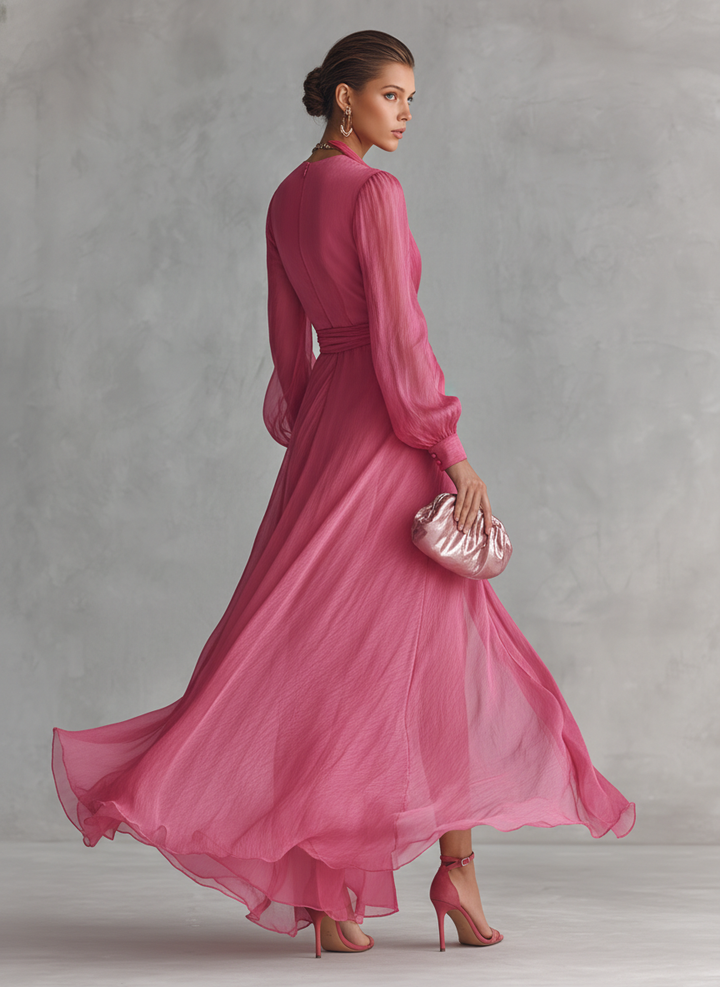 Robe en Chiffon Rose V-Décolleté