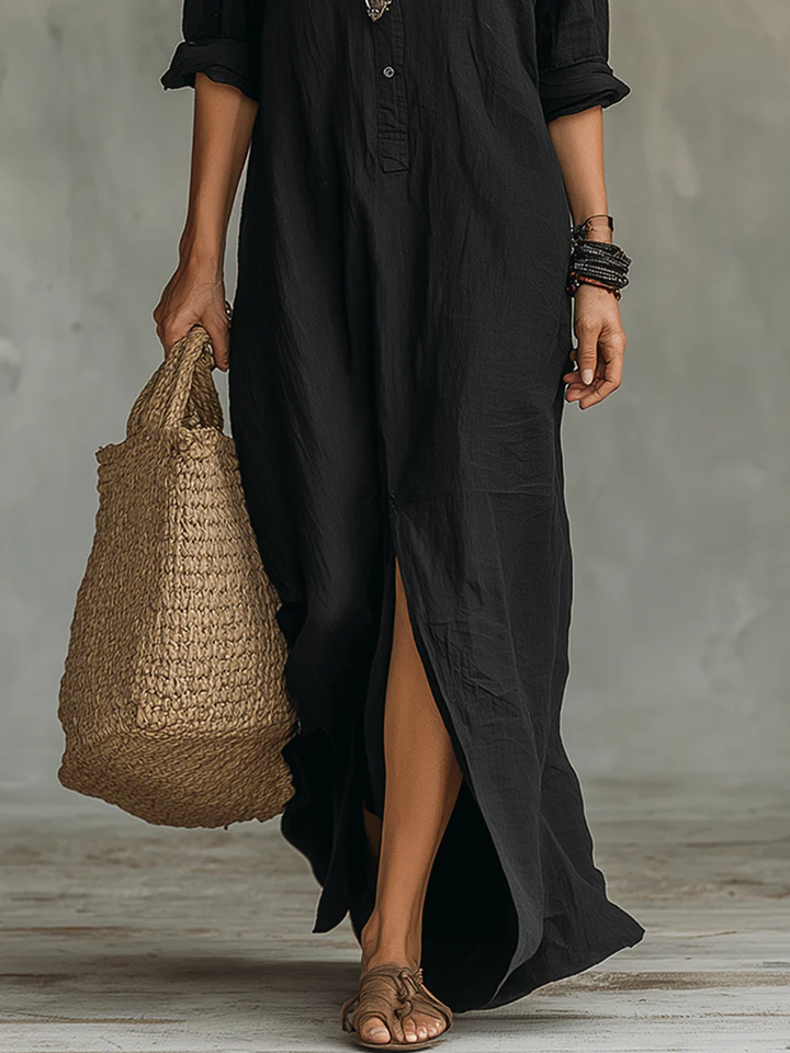 Lyris™ | Robe maxi noire ample à boutons