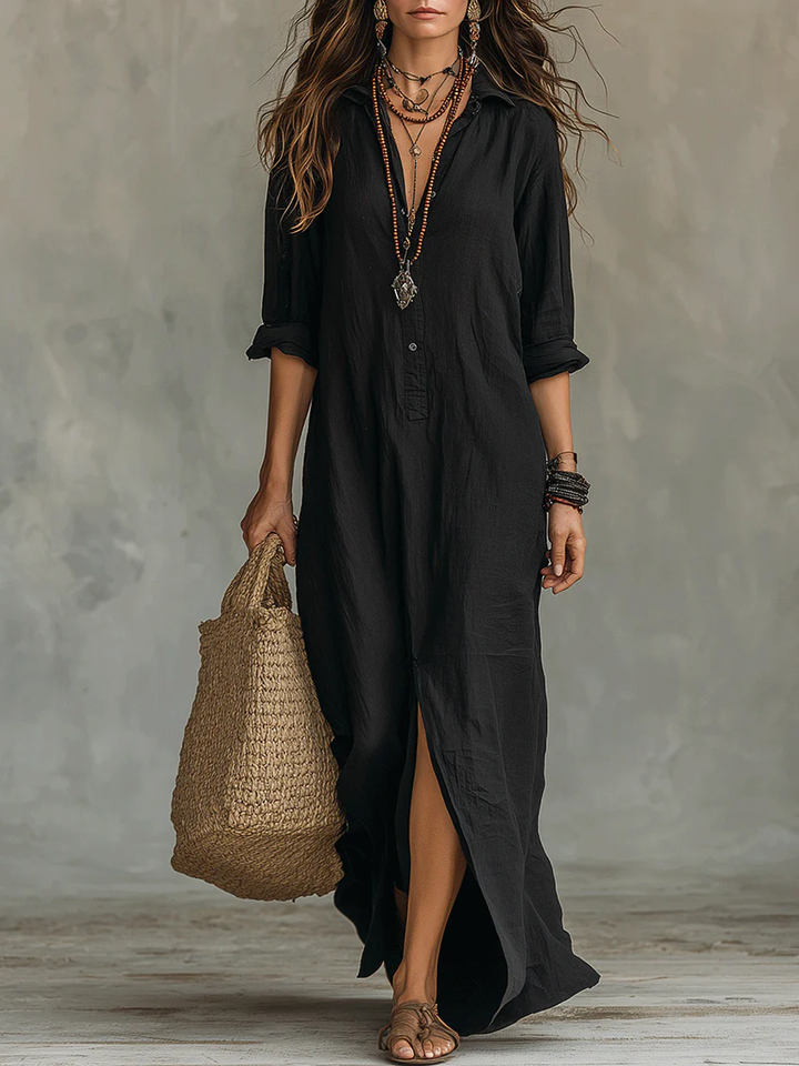 Lyris™ | Robe maxi noire ample à boutons