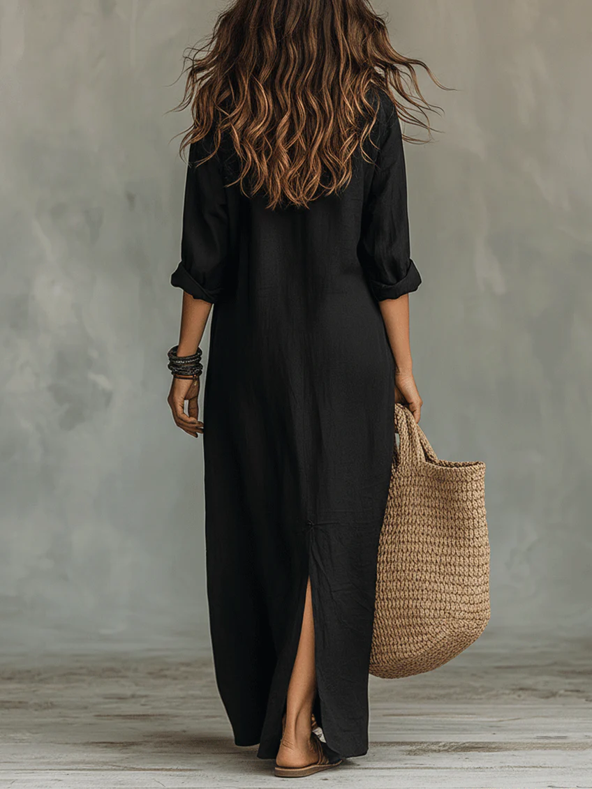 Lyris™ | Robe maxi noire ample à boutons