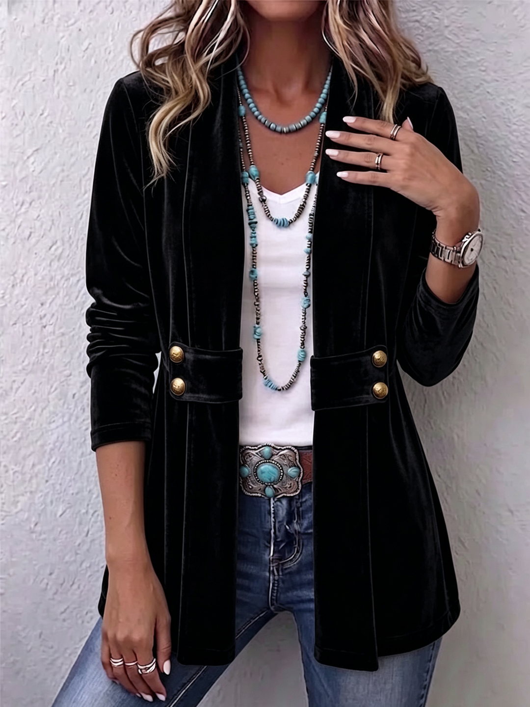 Amélie™ | Veste ouverte manches longues col à revers vintage