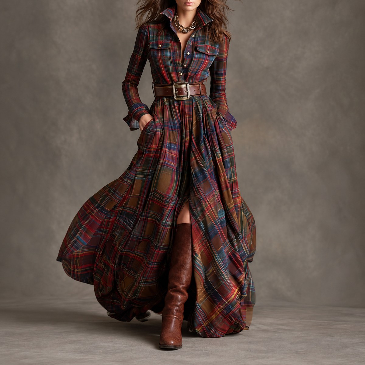Béatrice, robe longue à carreaux