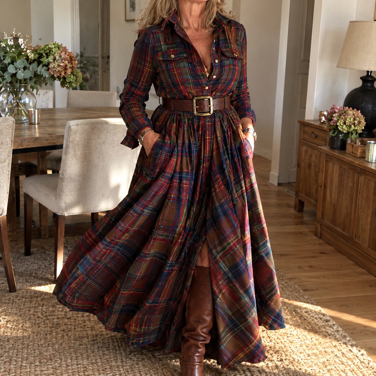 Béatrice, robe longue à carreaux, portée à la maison