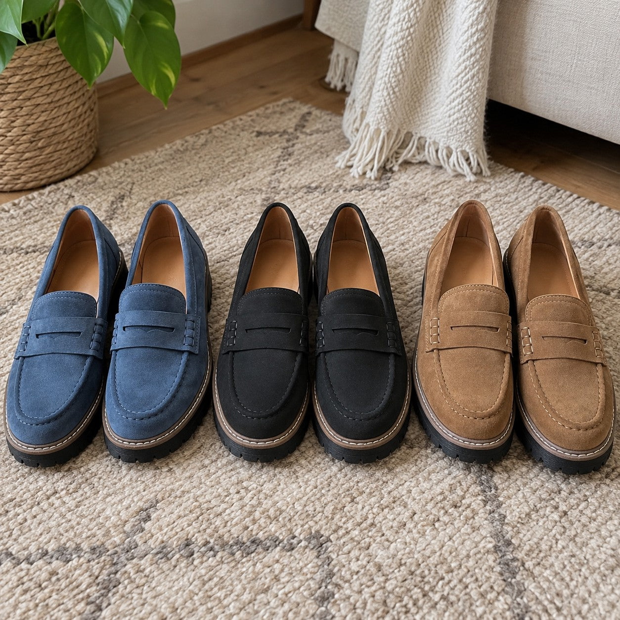 Les trois paires de Christine : bleu, noir et marron