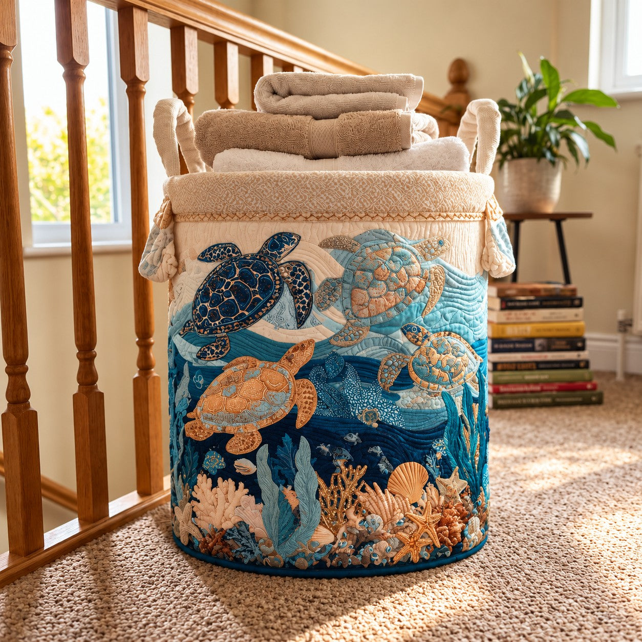 Le panier à linge Marina, motif tortues et coquillages