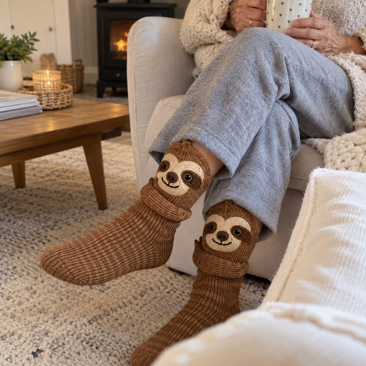 Monique avec ses chaussettes Victoria, le paresseux