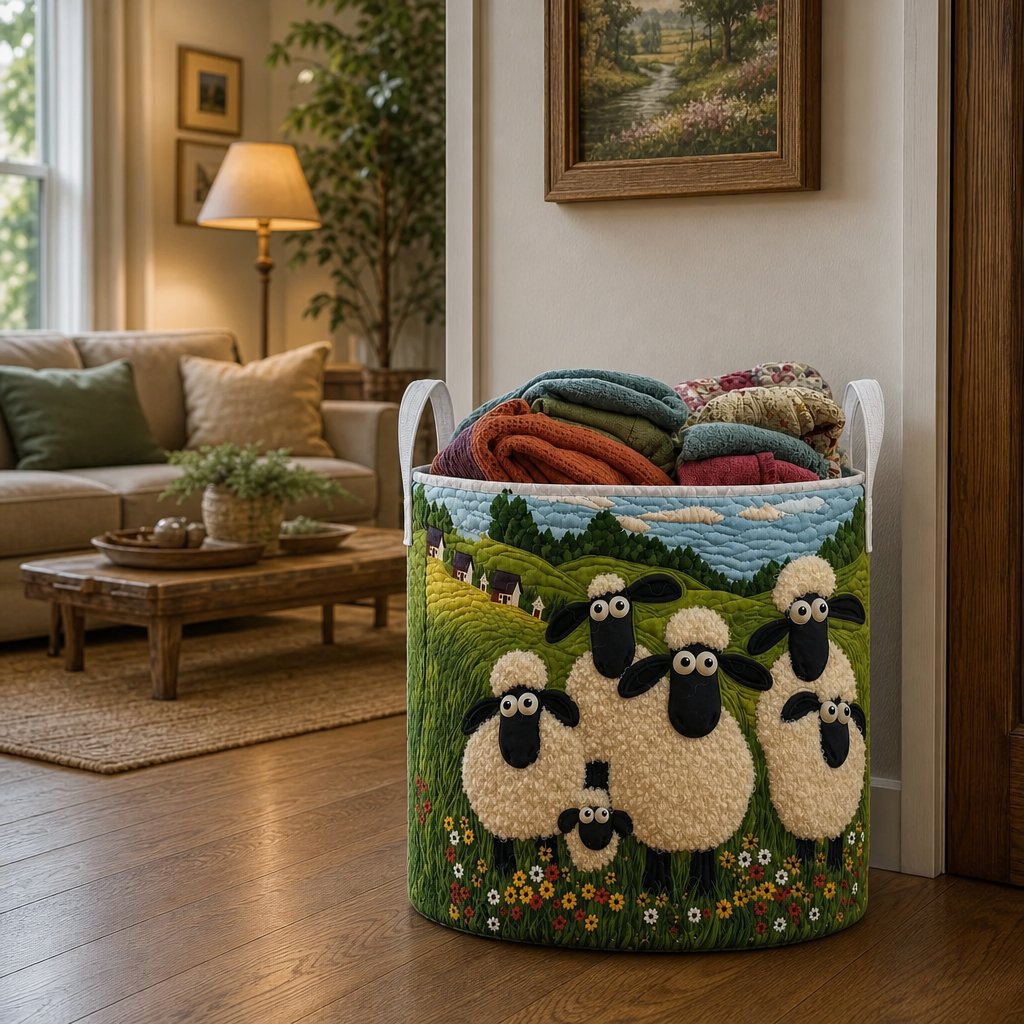 Panier à linge matelassé posé dans un salon, motif moutons